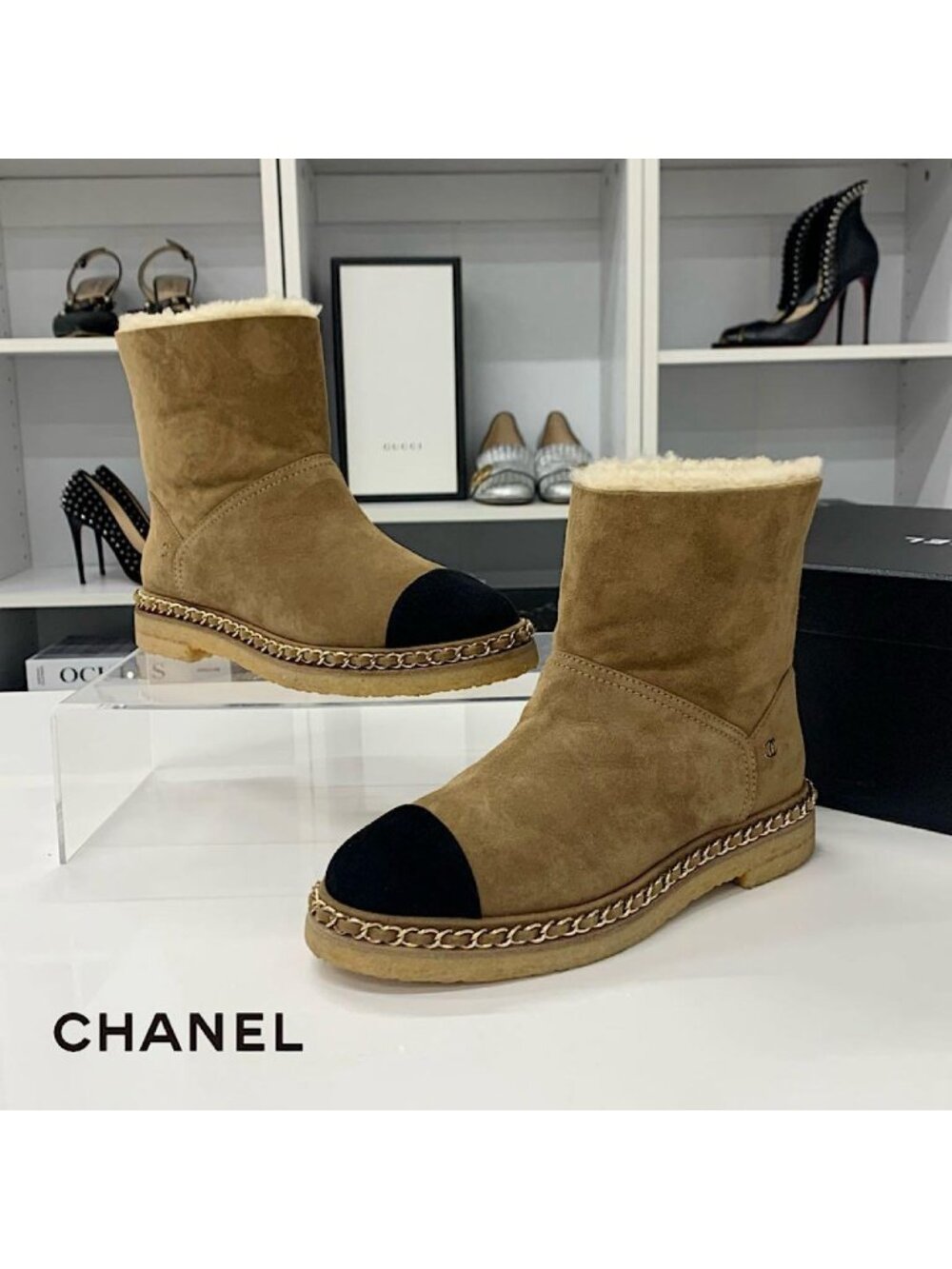 Chanel CC Logo Chain Suede Shearling Short Boots Brown